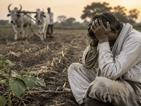 Tenant farmer in Vidarbha without land records sitting in field as cultivation continues behind him