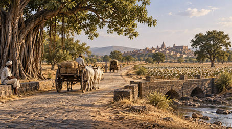 Historic road in Vidarbha with a bullock cart, stone bridge and cotton fields.