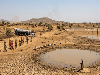 A parched landscape in Vidarbha showing cracked earth, a depleted reservoir, and village women carrying water pots near a supply tanker during the 2026 drought.