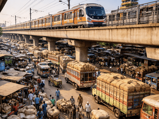 Nagpur Metro passing above congested Cotton Market with trucks, goods and pedestrian movement below