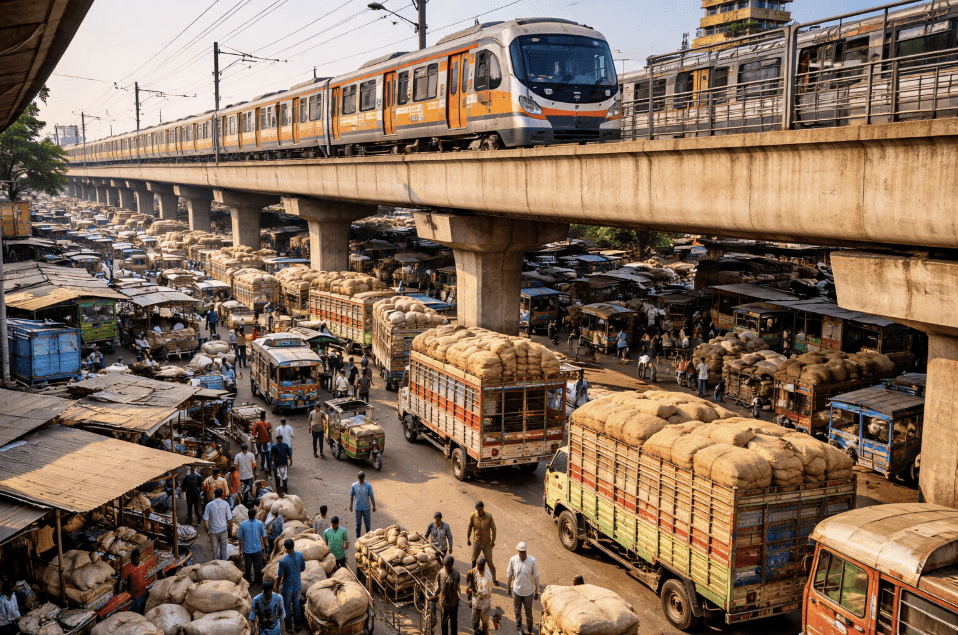 Nagpur Metro passing above congested Cotton Market with trucks, goods and pedestrian movement below