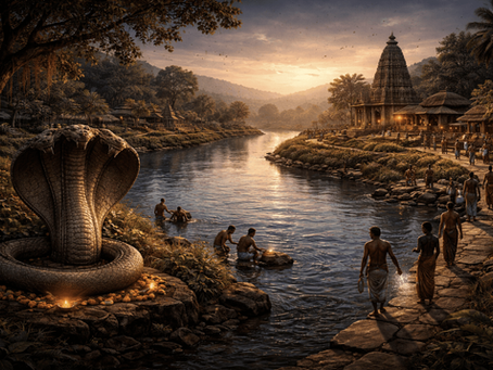 Ancient Nag River scene with serpent idol and early settlement near Nagpur
