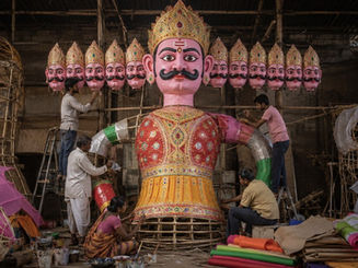 Binwar family artisans making a giant Ravan effigy with bamboo, paper and paint in Vidarbha