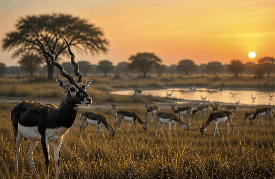 Blackbuck herd in Karanja Sohol Wildlife Sanctuary grasslands after habitat restoration in Washim Maharashtra