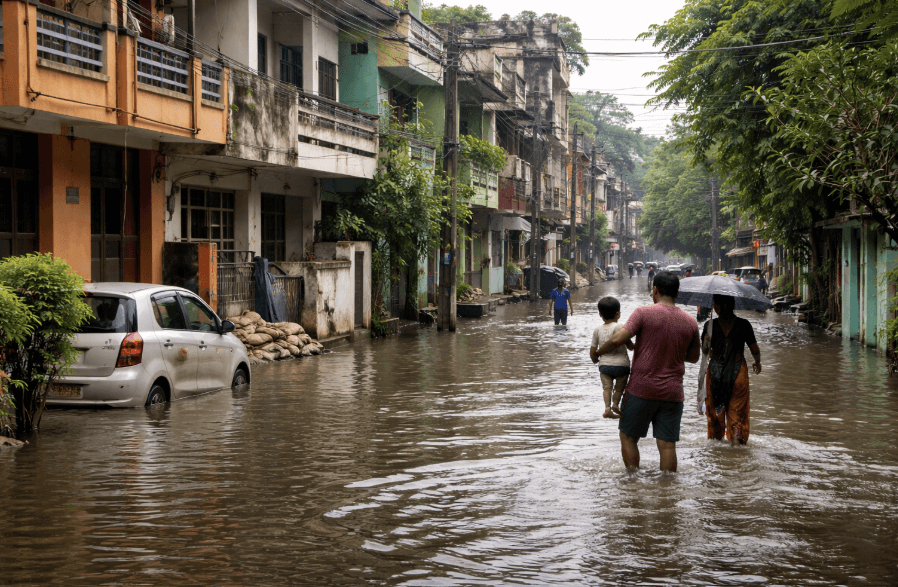 Waterlogged residential streets in Nagpur showing drainage infrastructure gaps