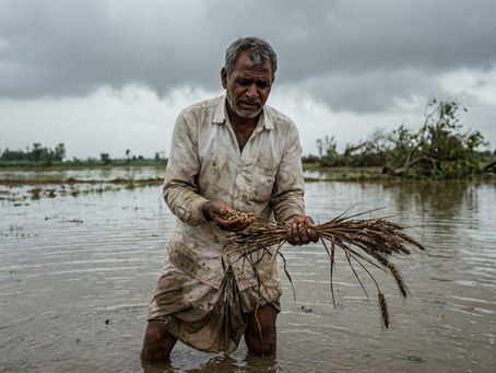 Rows of damaged and flattened wheat fields in the Nagpur region following unseasonal rain and hailstorm in March 2026.
