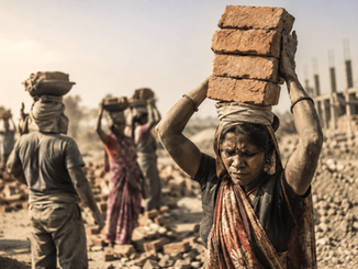 Construction workers carrying bricks at a construction site in Vidarbha, reflecting labour rights concerns over wages, workplace safety and working conditions.