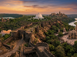 A panoramic composite view of Vidarbha's heritage showing the stone fortifications of Gawilgarh Fort, the white dome of Deekshabhoomi, and the intricate Hemadpanti carvings of Markanda Temple at sunset