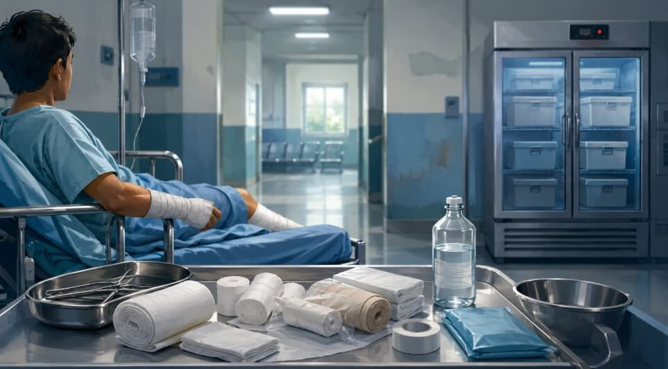 Illustration of a hospital burn care ward with a bandaged patient and medical equipment representing the lack of burn units and skin-bank services in Vidarbha