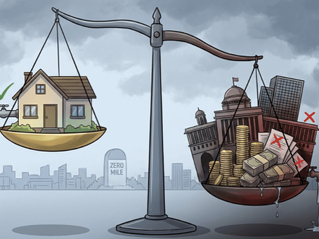 Illustration showing imbalance in Nagpur water billing with households paying on one side and government institutions with unpaid dues on the other