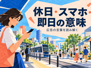 休日の街でスマートフォンを見る人物と広告表現を読み解く見出し