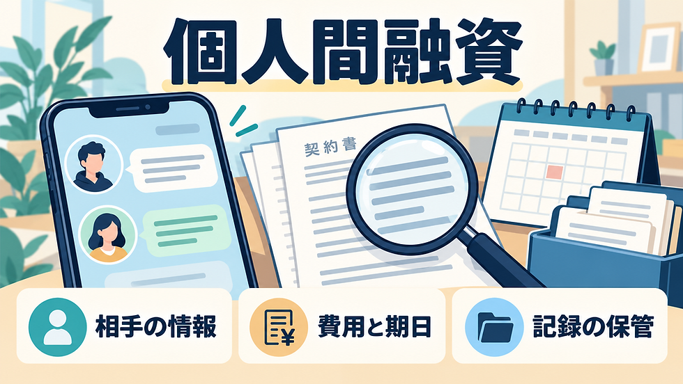 個人間融資の相手の情報、費用と期日、記録の保管を確認するイラスト