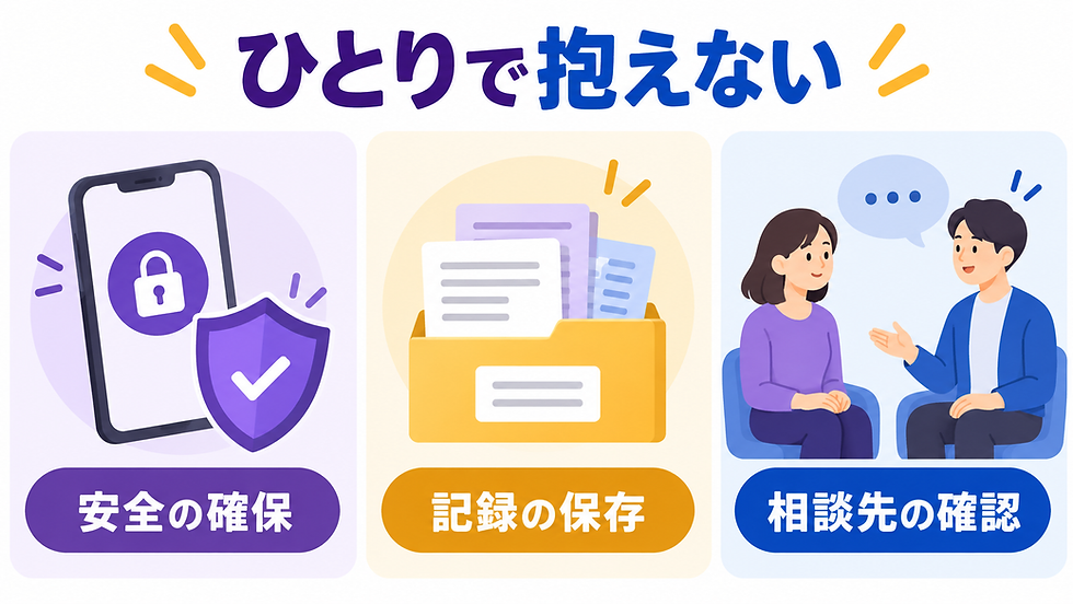 安全の確保、記録の保存、相談先の確認を示す図