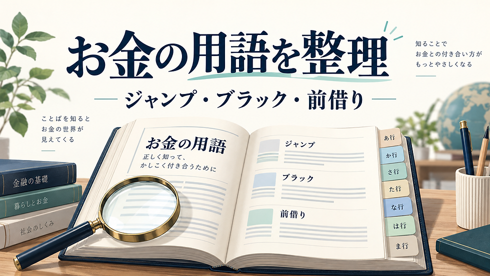 ジャンプ・ブラック・前借りなどのお金の用語を整理する辞典と虫眼鏡のイラスト