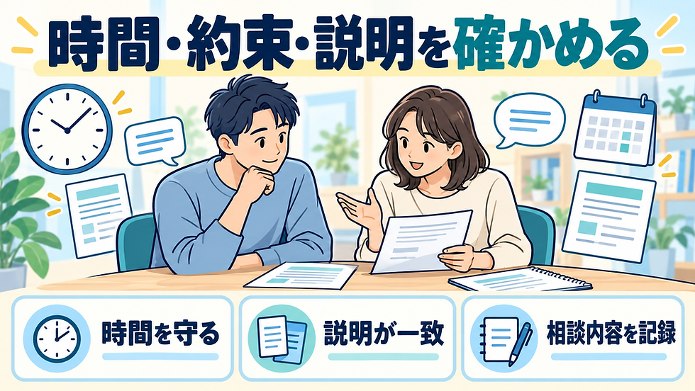 時間と約束を守る対応、説明の一致、相談内容の記録を確認するイラスト