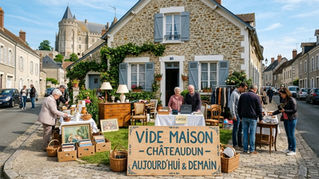 Famille organisant un vide-maison devant une maison à Châteaudun avec meubles, objets anciens et cartons à vendre avant débarras