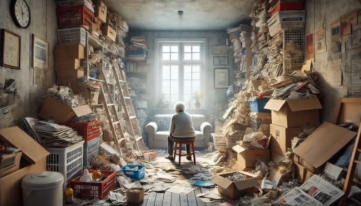 Vieil homme assis sur un tabouret au centre d'une pièce encombrée de journaux et cartons, baignée de lumière par une fenêtre. Atmosphère nostalgique.