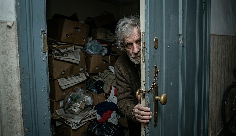 Personne atteinte du syndrome de Diogène refusant de laisser entrer des proches malgré l’ouverture de la porte d’un logement très encombré.