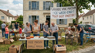 Famille organisant un vide-maison devant une maison à Dreux avec meubles, cartons et objets anciens à vendre avant débarras.