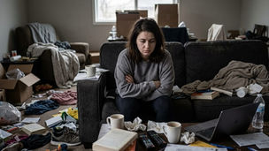 Femme triste assise sur un canapé dans une maison encombrée et désordonnée, symbole de fatigue mentale et de surcharge liée au désordre domestique.