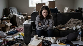 Femme triste assise sur un canapé dans une maison encombrée et désordonnée, symbole de fatigue mentale et de surcharge liée au désordre domestique.