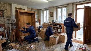 Trois techniciens Maisoneuf préparant une maison pour une opération de débarras et de vidage