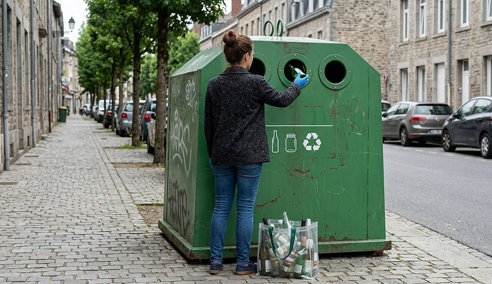 Femme déposant des bouteilles et bocaux en verre dans un conteneur de recyclage en ville
