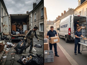 Comparaison entre une intervention de débarras désorganisée et une entreprise professionnelle avec tri, camion propre et équipe structurée.