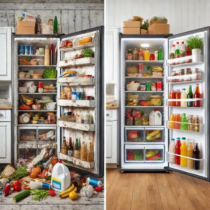 Image comparative d’un réfrigérateur avant et après nettoyage : à gauche, un frigo sale, encombré et désordonné ; à droite, un frigo propre, organisé avec des aliments frais et bien rangés.