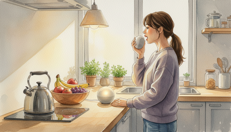 Side view of a person using a voice tool near a kitchen counter while a small speaker glows softly