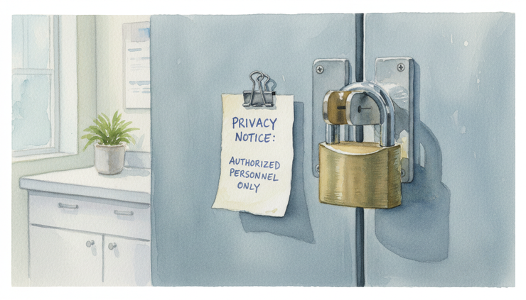 Close-up of a locked medical storage cabinet with a paper privacy notice clipped beside it.