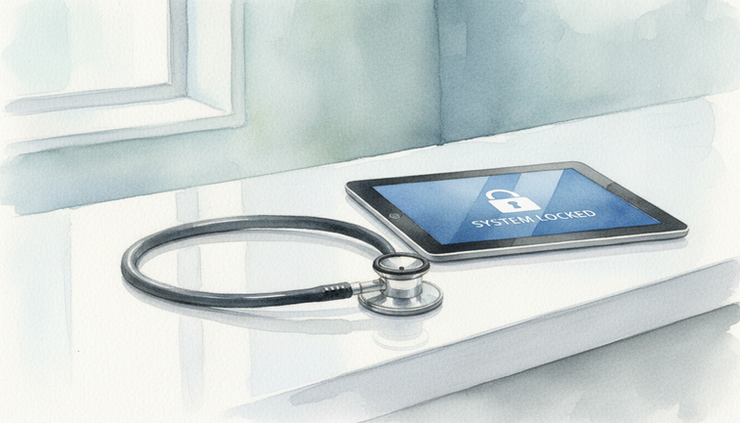 Close-up view of a stethoscope beside a locked tablet on a clinic counter.