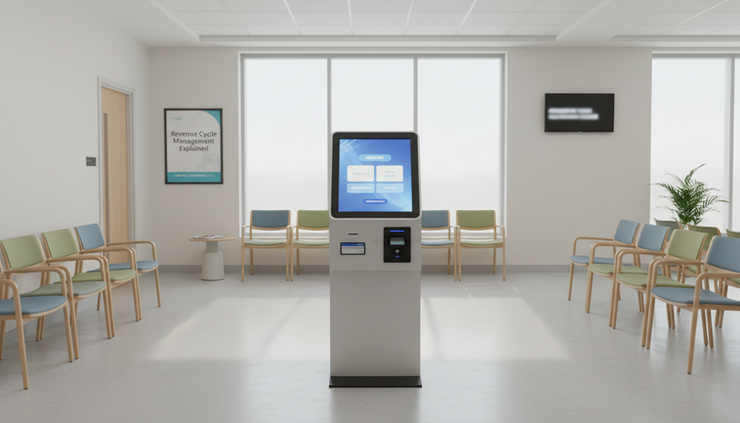Wide-angle view of a hospital check-in kiosk beside a quiet waiting area.