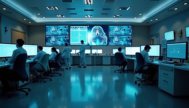Eye-level view of a hospital control room with AI monitoring screens
