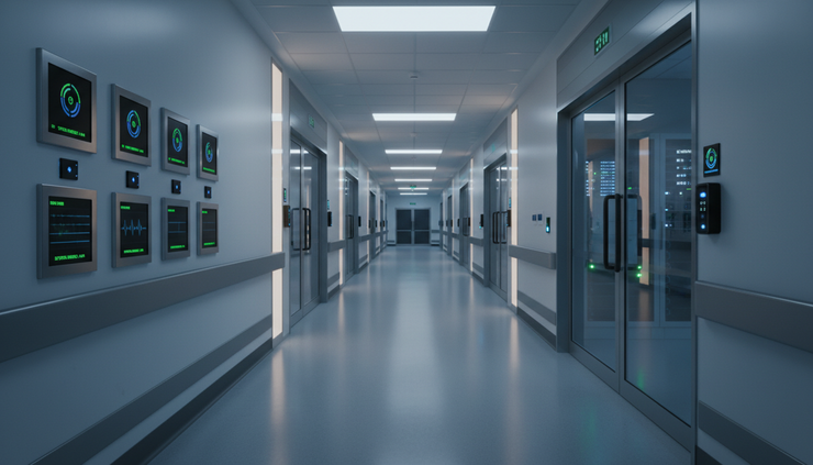 Wide-angle view of a hospital corridor with secure access panels and medical monitors.