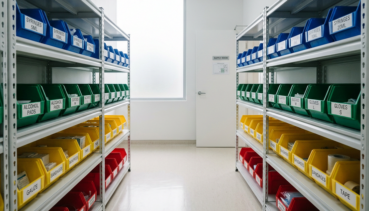 Eye-level view of color-coded bins and labeled shelves in a clean supply room.