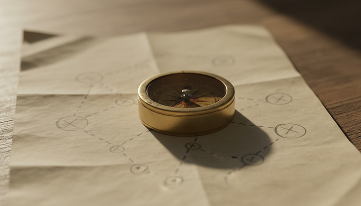 Close-up view of a compass resting on a marked paper route map.