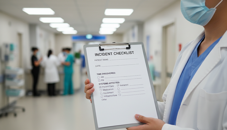 Close-up view of a printed healthcare incident checklist on a clipboard in a clinical hallway