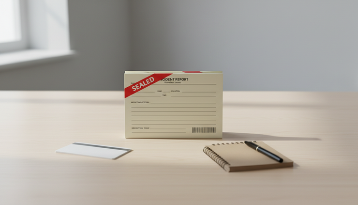 Overhead view of a sealed incident report card next to a keycard and a small notebook