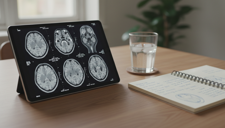 Close-up view of a tablet showing an anonymized medical scan beside a notebook
