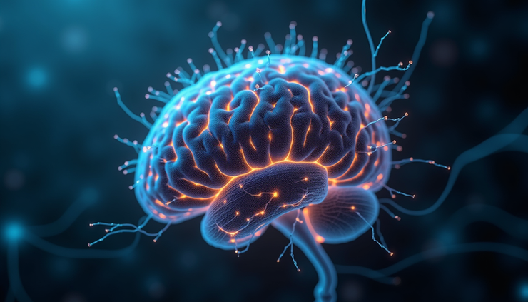Eye-level view of a digital brain model with glowing neural connections