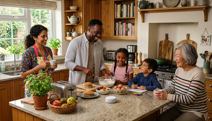 Wide-angle view of a family using a voice assistant in a warm home kitchen