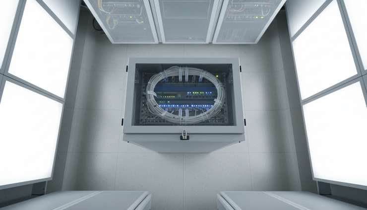 Overhead view of a secure hospital server cabinet with indicator lights behind a locked glass door.