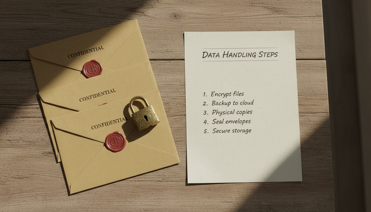Overhead view of sealed envelopes and a written checklist for data handling