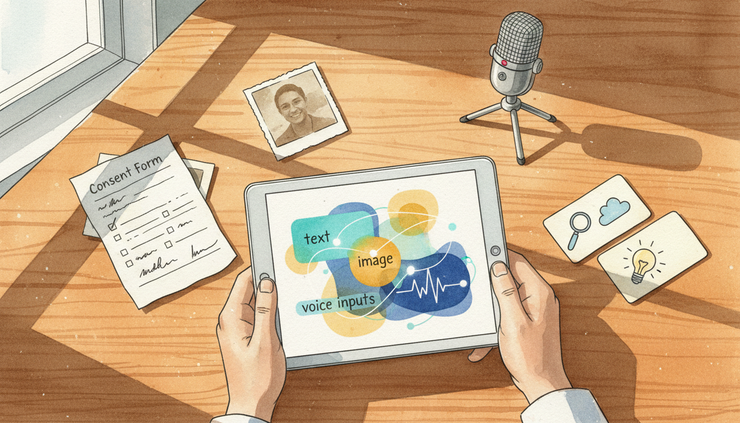 Close-up of a handheld tablet beside a paper form, a photograph, and a small microphone on a wooden kitchen table.