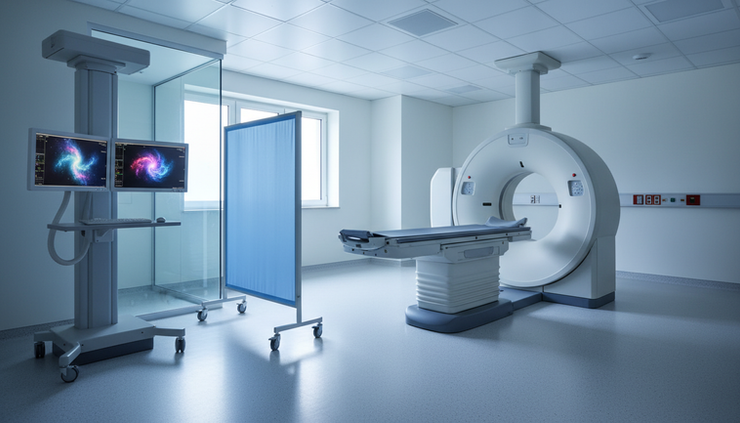Wide-angle view of a hospital imaging room with a protected workstation beside a scanner.