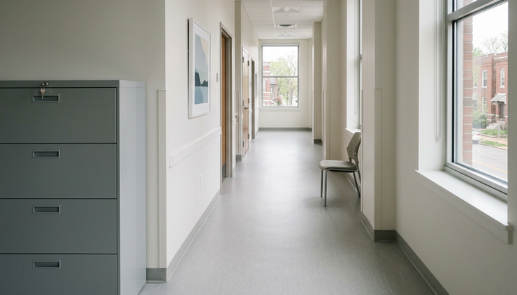 Wide-angle view of a quiet clinic hallway with a locked records cabinet.