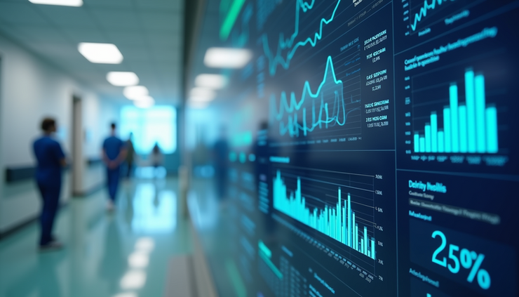High angle view of a digital dashboard displaying healthcare analytics and patient statistics