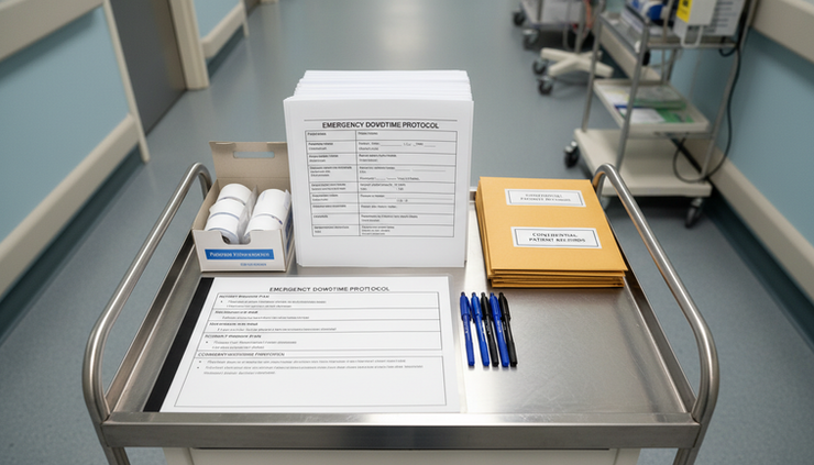 Overhead view of downtime forms, patient wristbands, and sealed record envelopes in a hospital supply cart