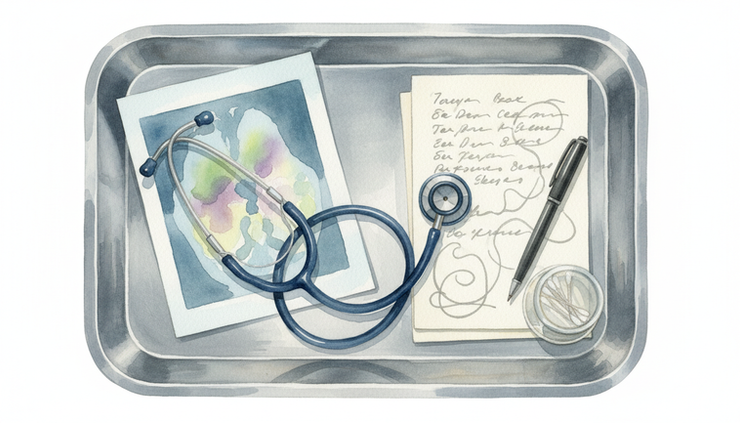 Overhead view of a clinic exam room tray with a stethoscope, printed scan image, and handwritten patient notes